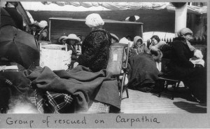 Group of survivors of the Titanic disaster aboard the Carpathia after being rescued
